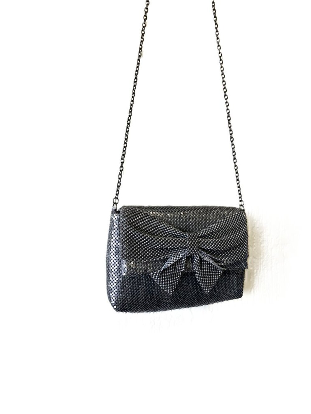 Jessica McClintock Silver Metal Mesh Chain Crossbody Clutch Bag | Bow Detail - Picture 4 of 12